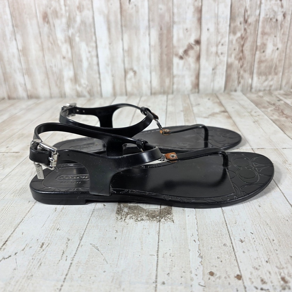 Coach Piccadilly Black Jelly Thong Sandals A6307 Womens 7B Buckle Ankle Strap
